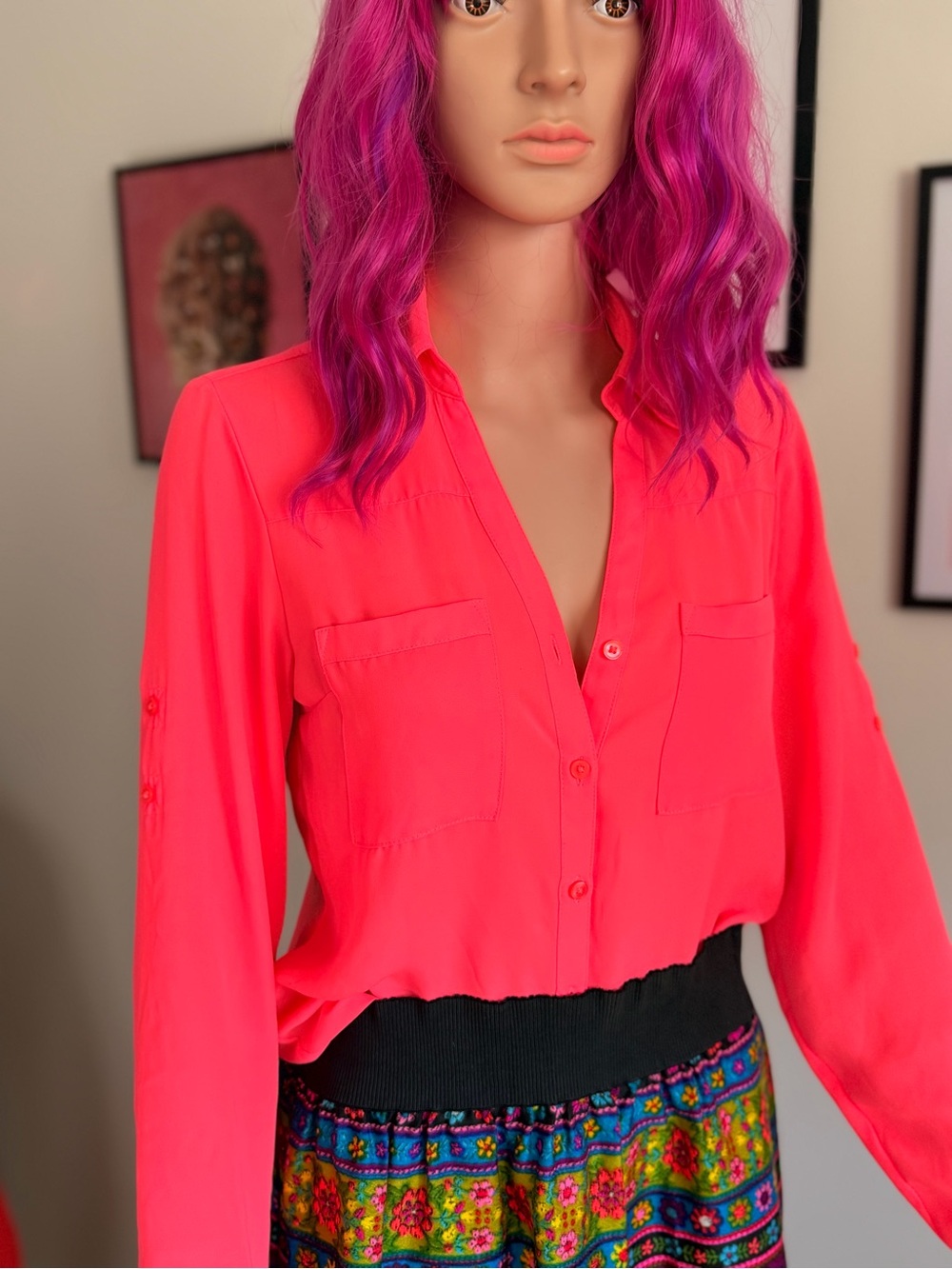 Express Neon Hot Pink Portofino Convertible Sleeve Blouse - Size XS